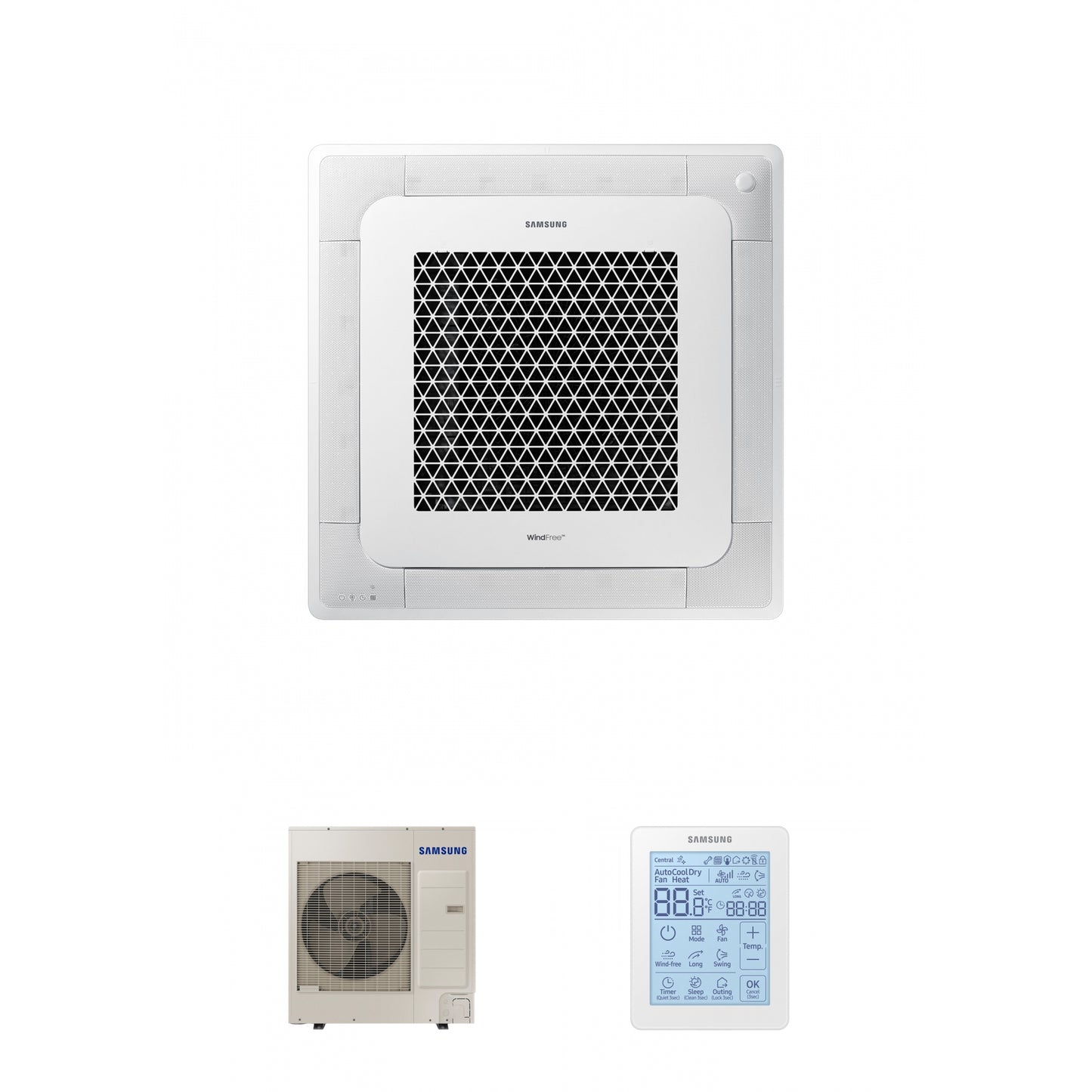 Samsung CAC 12kW 4 Way cassette high efficiency WindFree with 4 way fascia panel and simplified wired controller