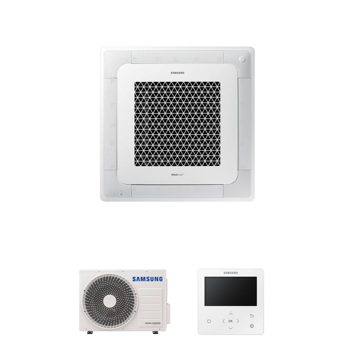 Samsung CAC 5.2kW 4 Way cassette high efficiency WindFree unit with 4 way fascia panel and colour premium wired controller
