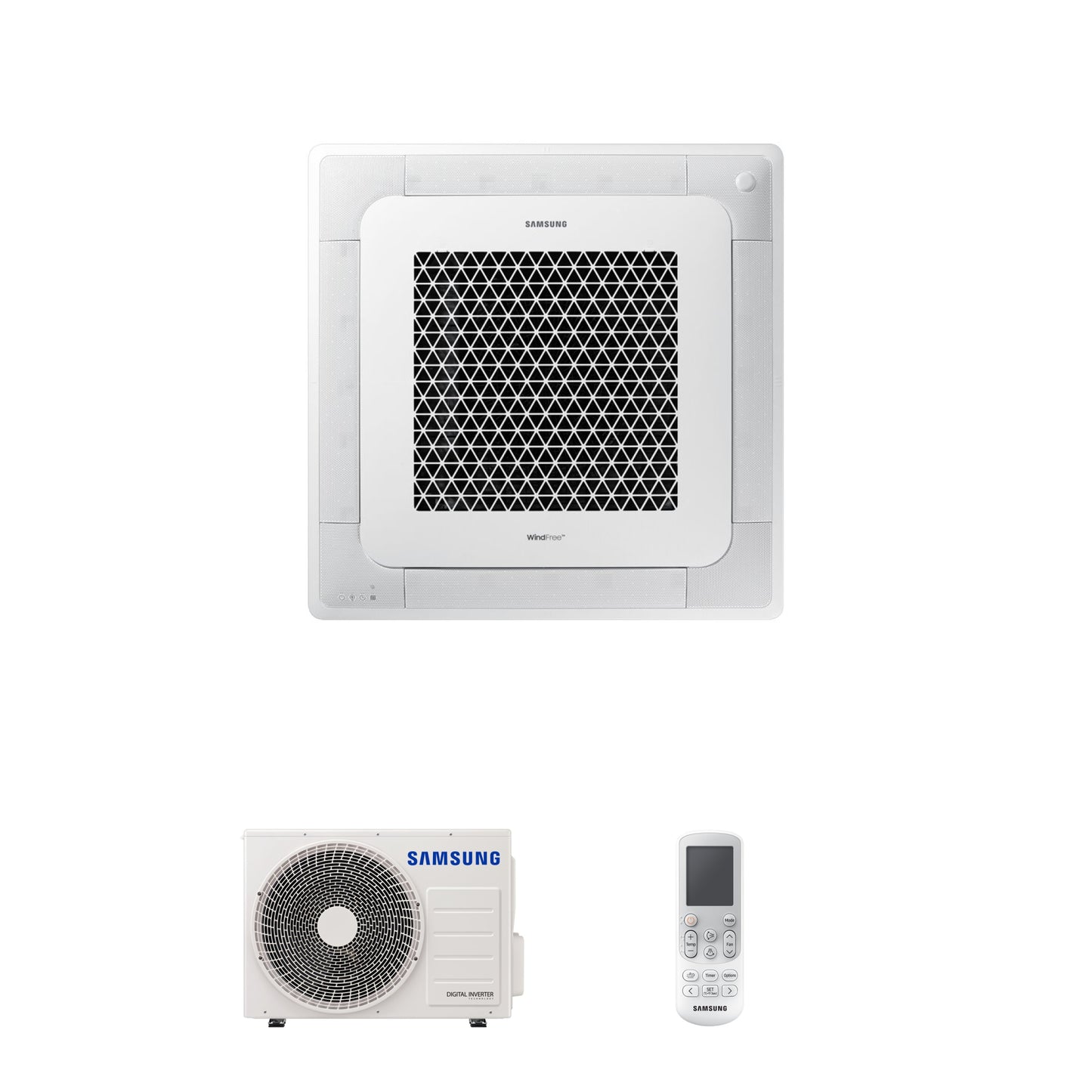 Samsung CAC 5.2kW 4 Way cassette high efficiency WindFree unit with 4 way fascia panel and wireless controller