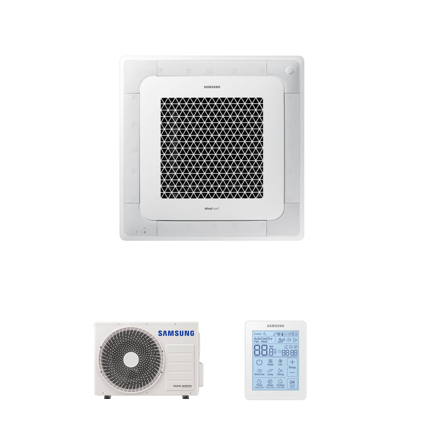 Samsung CAC 5.2kW 4 Way cassette high efficiency WindFree unit with 4 way fascia panel and simplified wired controller