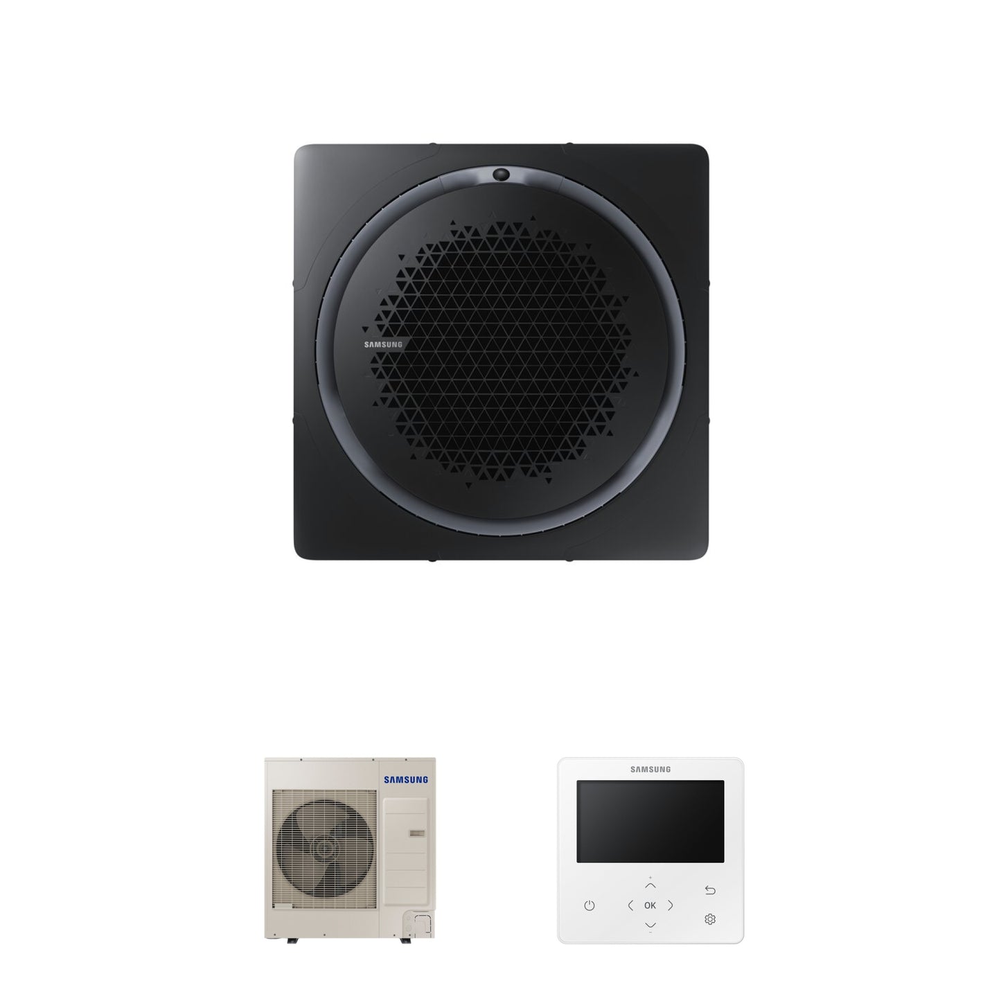 Samsung CAC 10kW 360 Cassette high efficiency with black square fascia panel and colour premium wired controller
