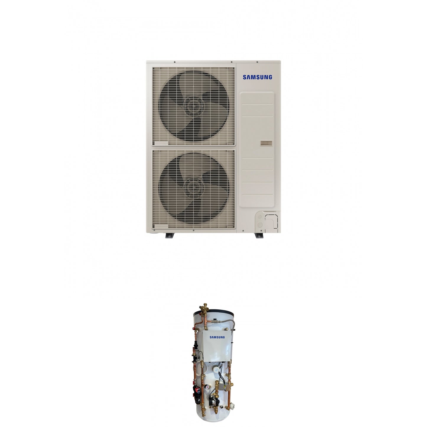 Samsung EHS 16.0kW Monoblock air source heat pump with 150L Pre plumbed air source heat pump cylinder with 50L buffer