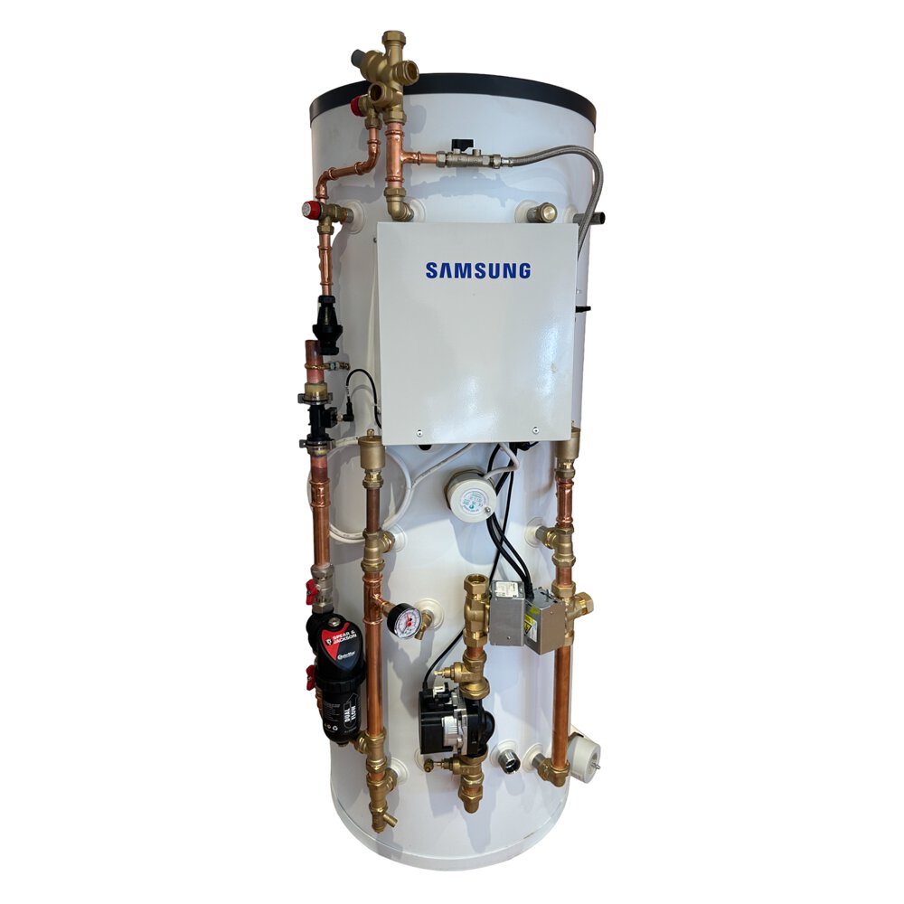Samsung EHS 5.0kW Monoblock air source heat pump with 150L slimline Pre plumbed air source heat pump cylinder 25L buffer