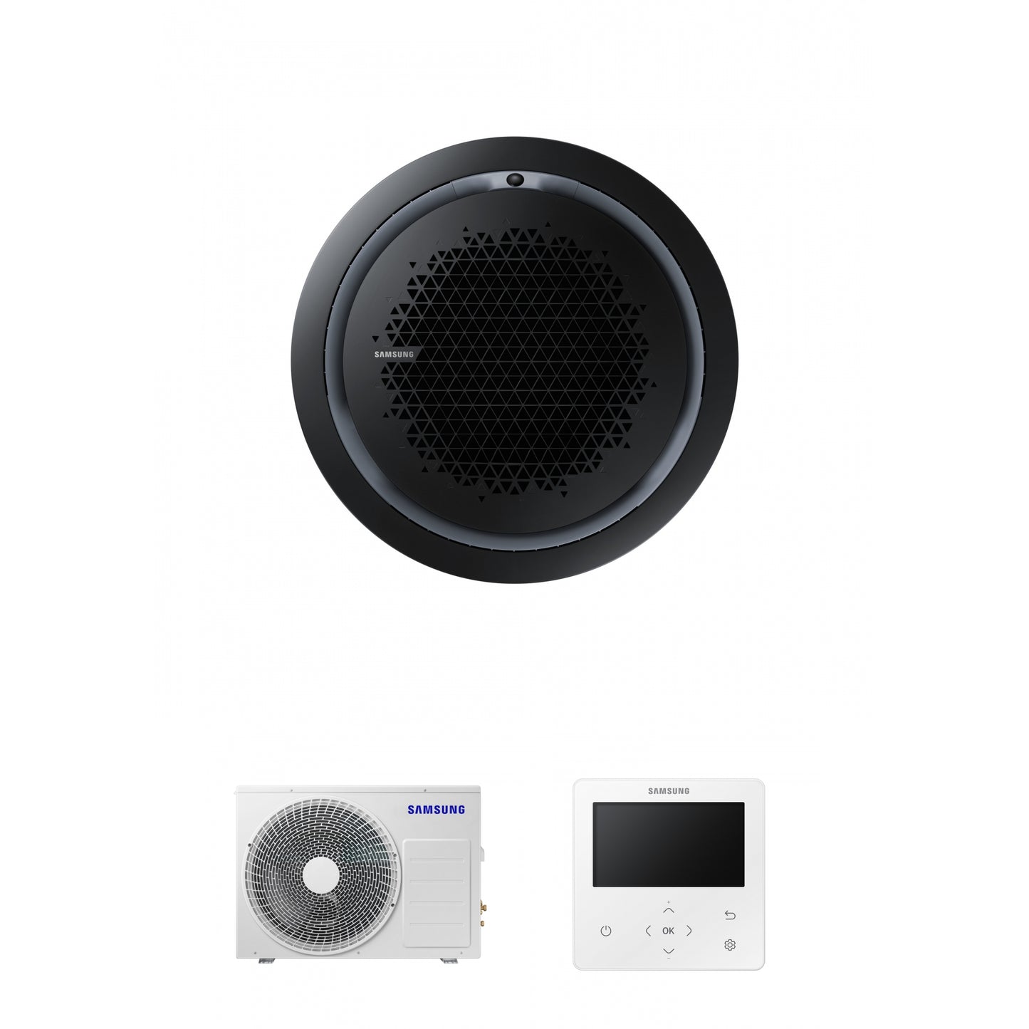 Samsung CAC 12kW 360 Cassette with black circular fascia panel and colour premium wired controller