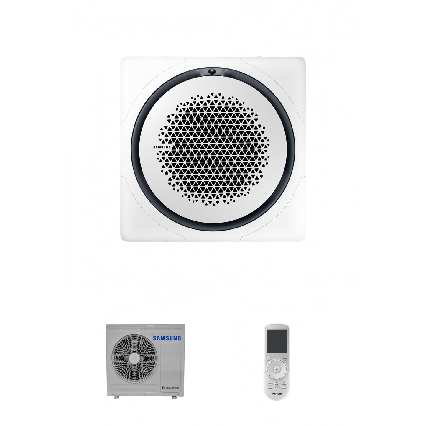 Samsung CAC 7.1kW 360 Cassette with white square fascia panel and wireless controller