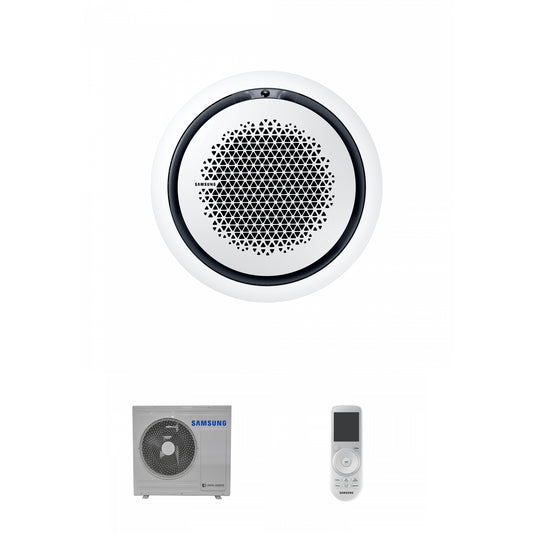 Samsung CAC 7.1kW 360 Cassette high efficiency with white circular fascia panel and wireless controller