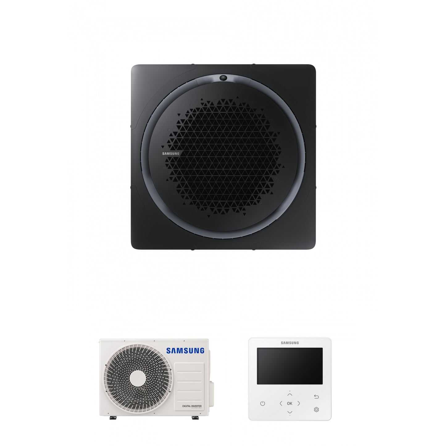 Samsung CAC 5.2kW 360 Cassette high efficiency with black square fascia panel and colour premium wired controller