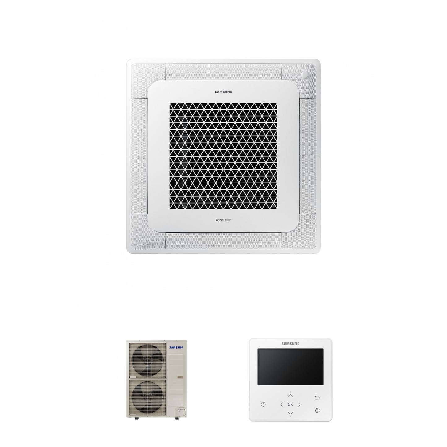 Samsung CAC 14kW 4 Way cassette high efficiency WindFree with 4 way fascia panel and colour premium wired controller