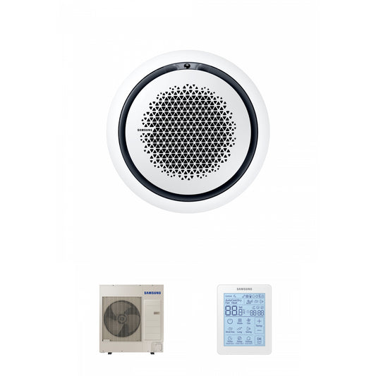 Samsung CAC 12kW 360 Cassette with white circular fascia panel and simiplified wired controller