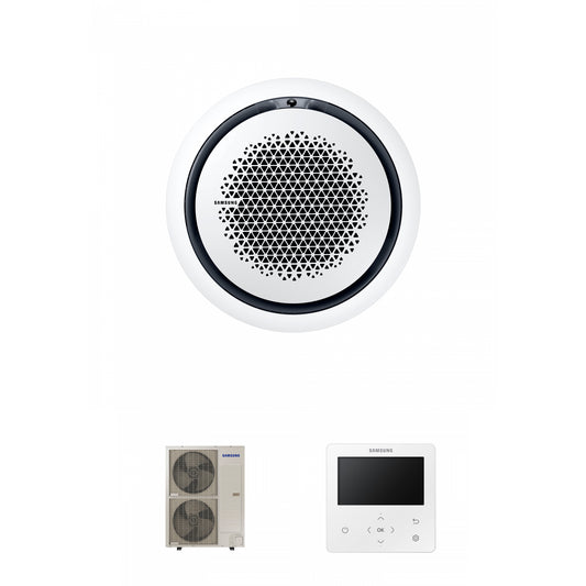 Samsung CAC 14kW 360 Cassette high efficiency with white circular fascia panel and colour premium wired controller