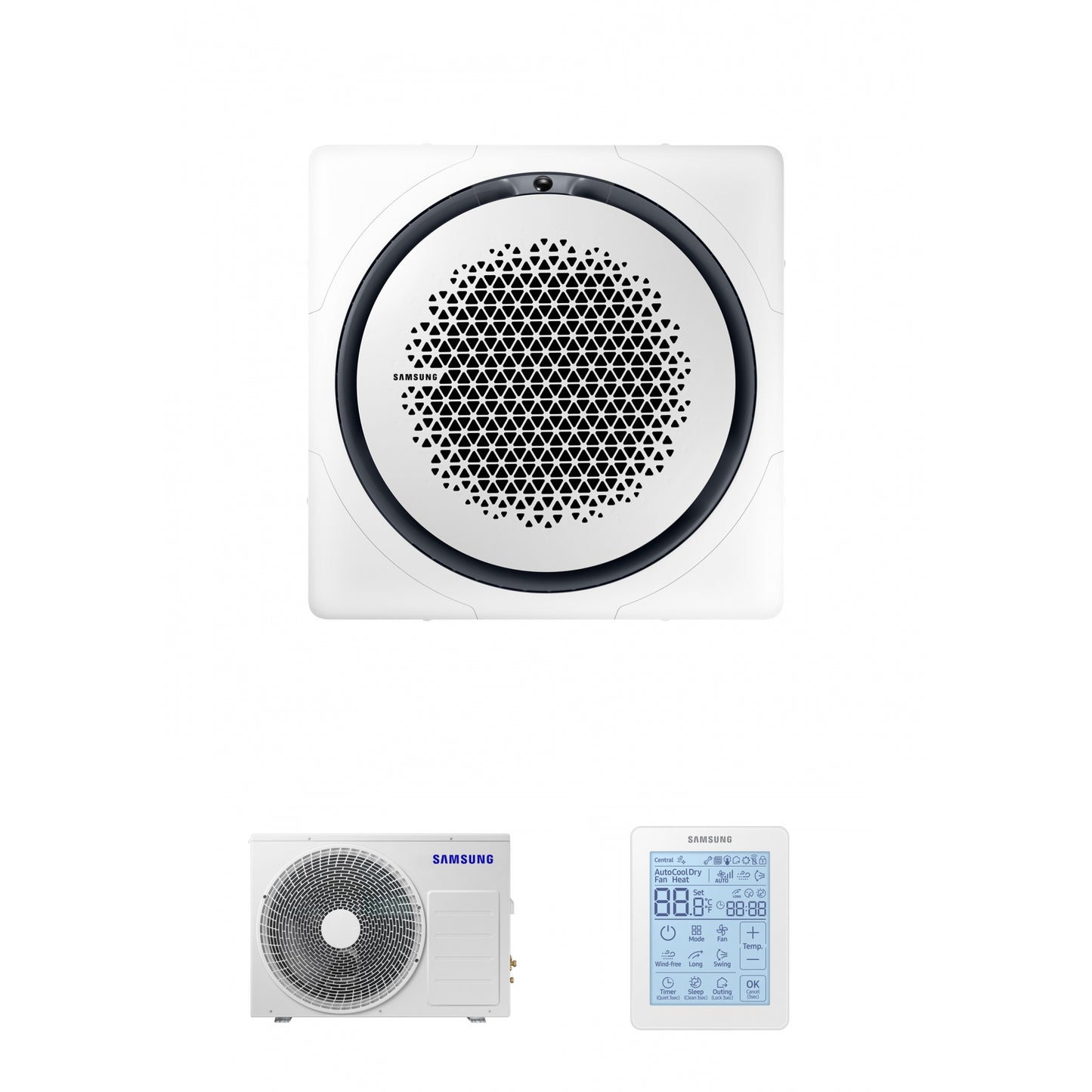 Samsung CAC 12kW 360 Cassette with white square fascia panel and simplified wired controller