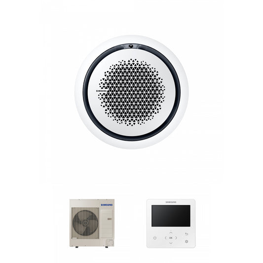 Samsung CAC 10kW 360 Cassette with white circular fascia panel and colour premium wired controller
