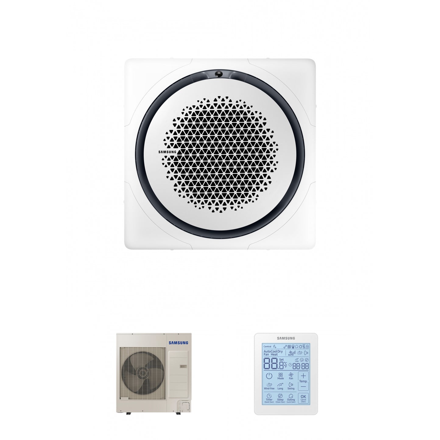 Samsung CAC 12kW 360 cassette with white square fascia panel and simplified wired controller