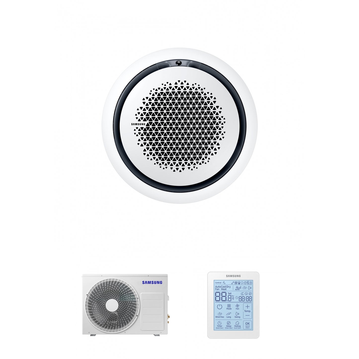 Samsung CAC 12kW 360 Cassette with white circular fascia panel and simplified wired controller