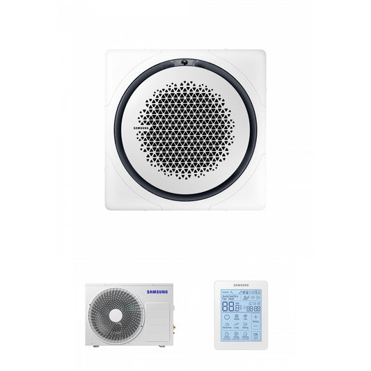 Samsung CAC 14kW 360 Cassette with white circular fascia panel and wired simplified wired controller