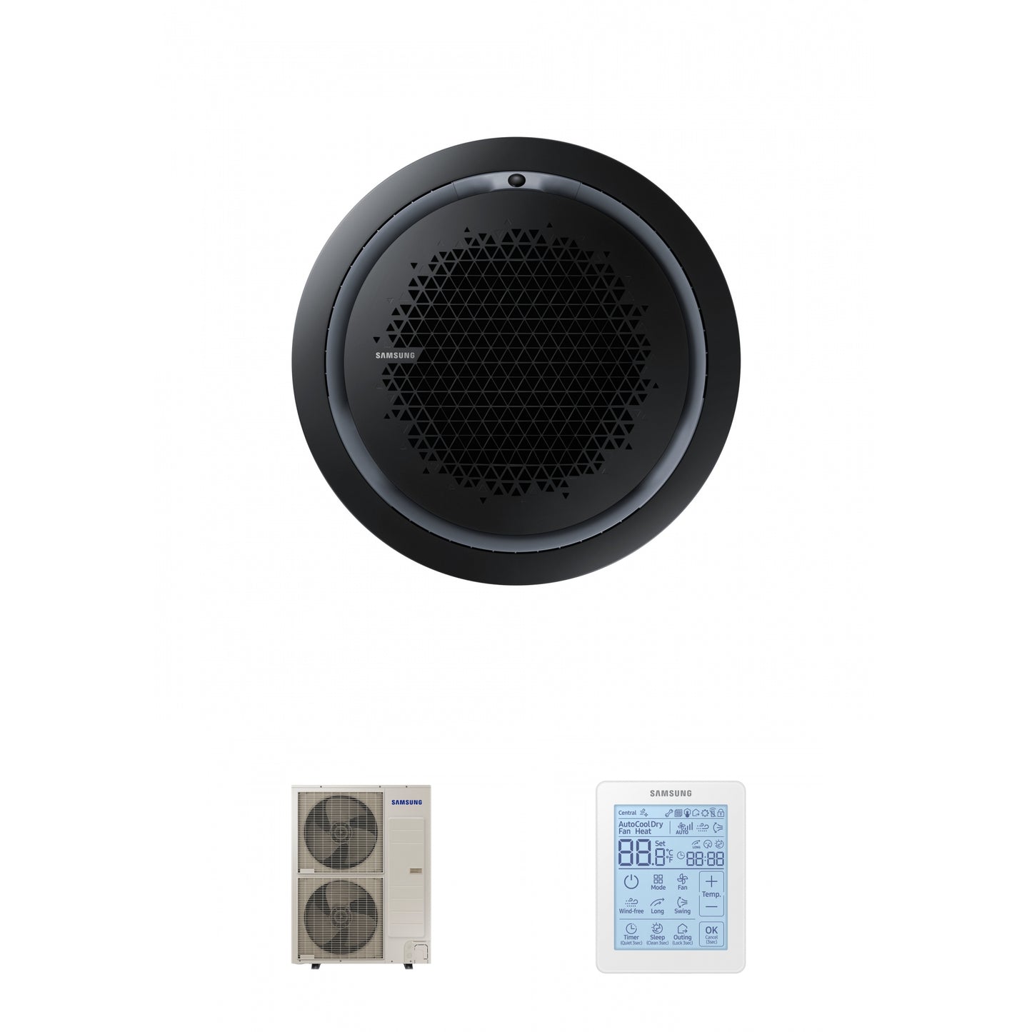 Samsung CAC 14kW 360 Cassette with black circular fascia panel and simplified wired controller