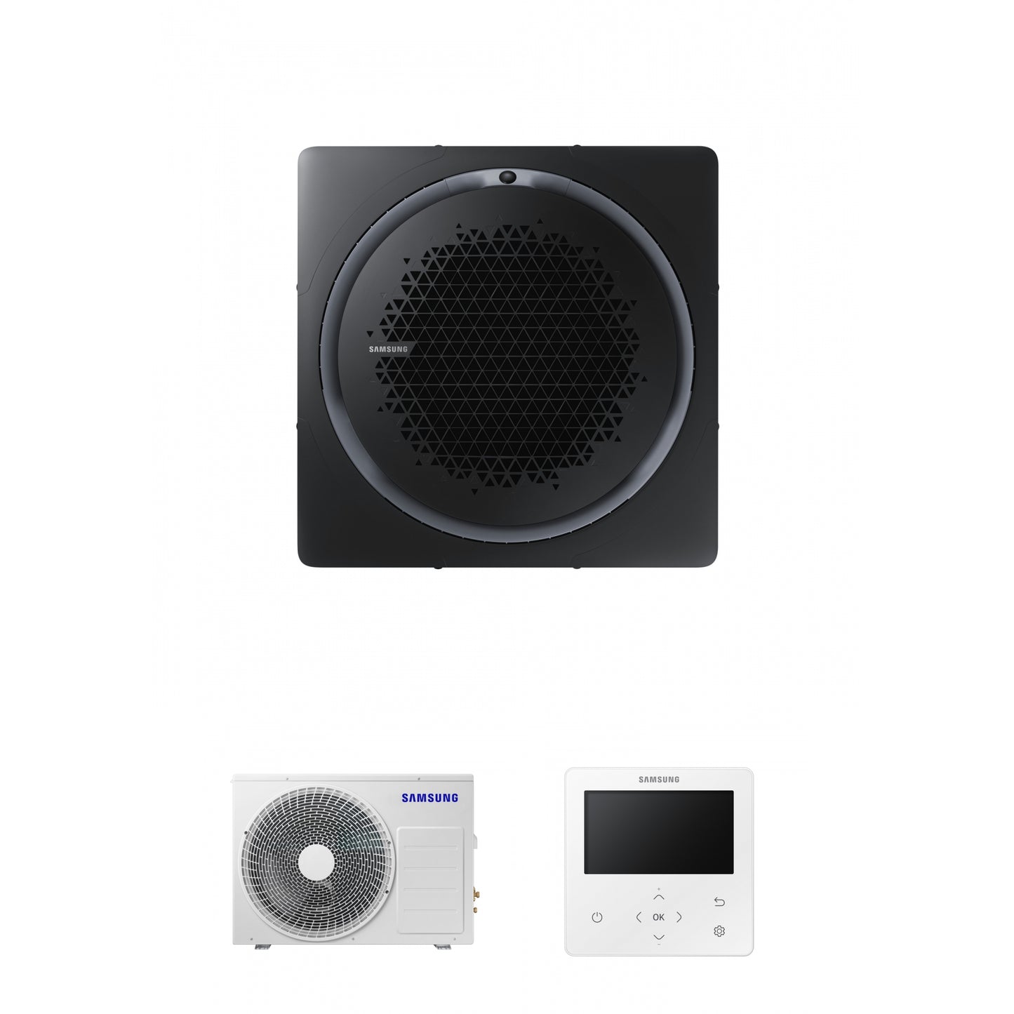 Samsung CAC 12kW 360 Cassette with black square fascia panel and colour premium wired controller