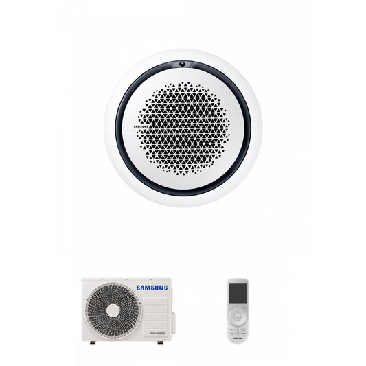 Samsung CAC 5.2kW 360 Cassette high efficiency with white circular fascia panel and wireless controller