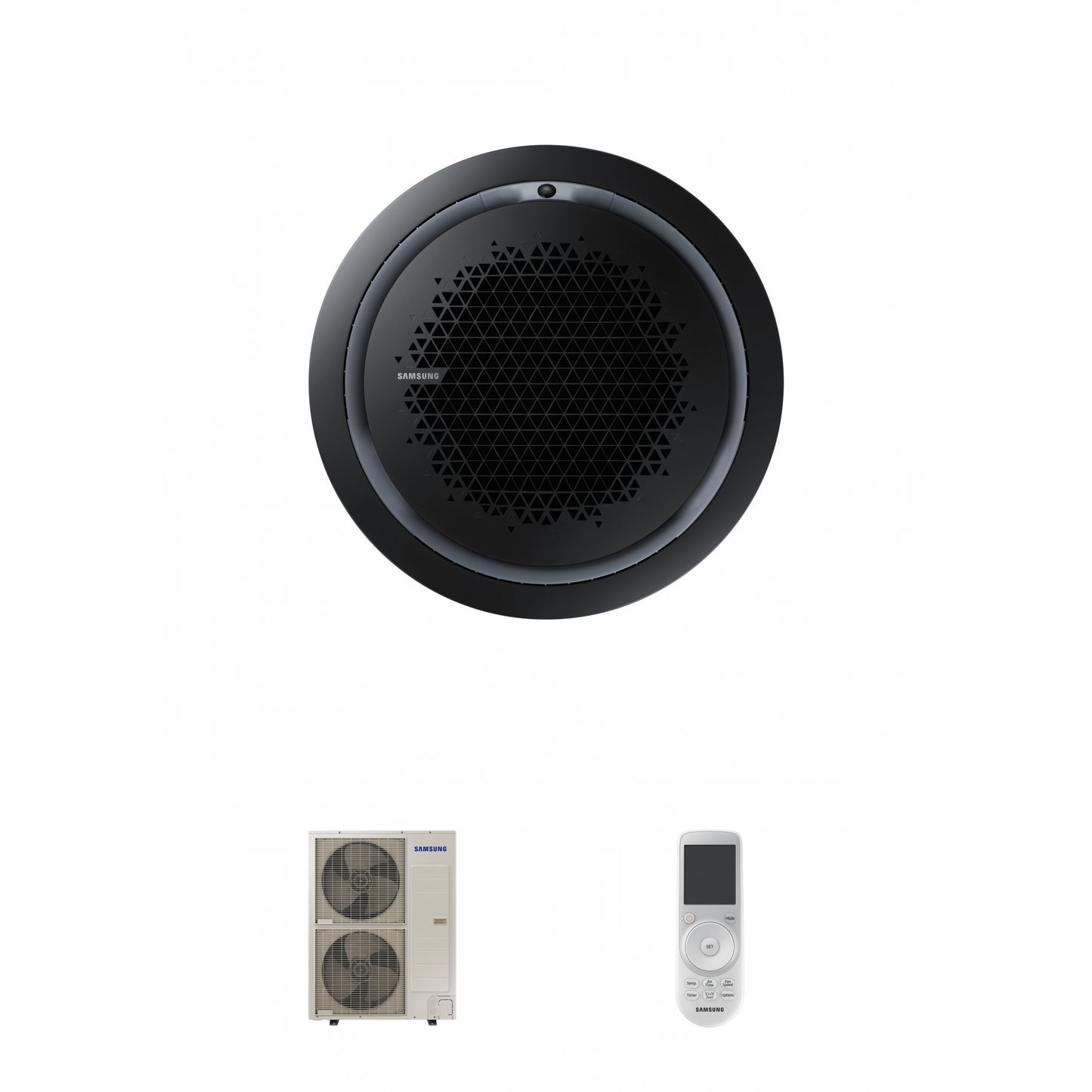 Samsung CAC 14kW 360 Cassette with black circular fascia panel and wireless controller