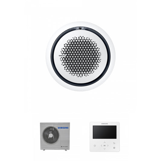 Samsung CAC 7.1kW 360 Cassette with white circular fascia panel and colour premium wired controller