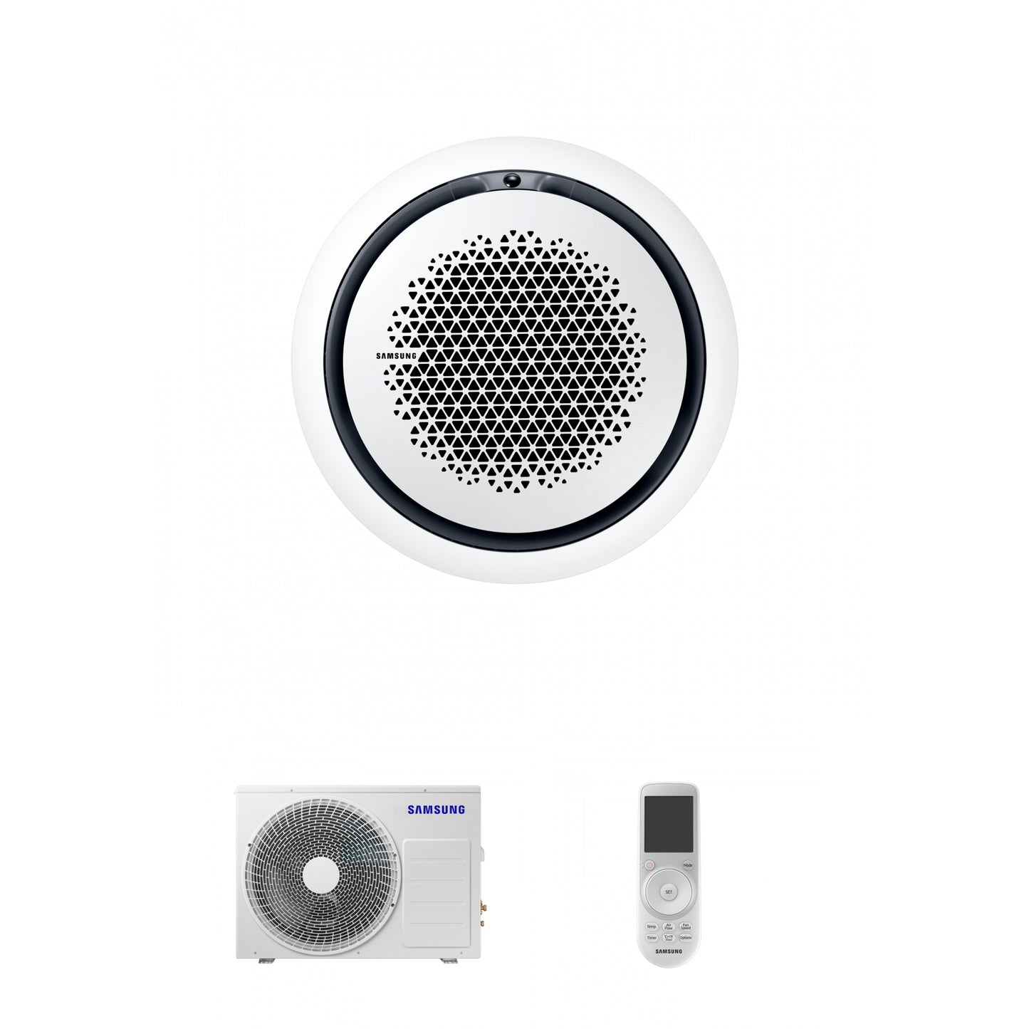 Samsung CAC 12kW 360 Cassette with white circular fascia panel and wireless controller