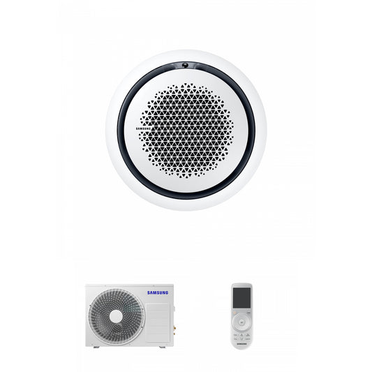 Samsung CAC 14kW 360 Cassette with white circular fascia panel and wireless controller