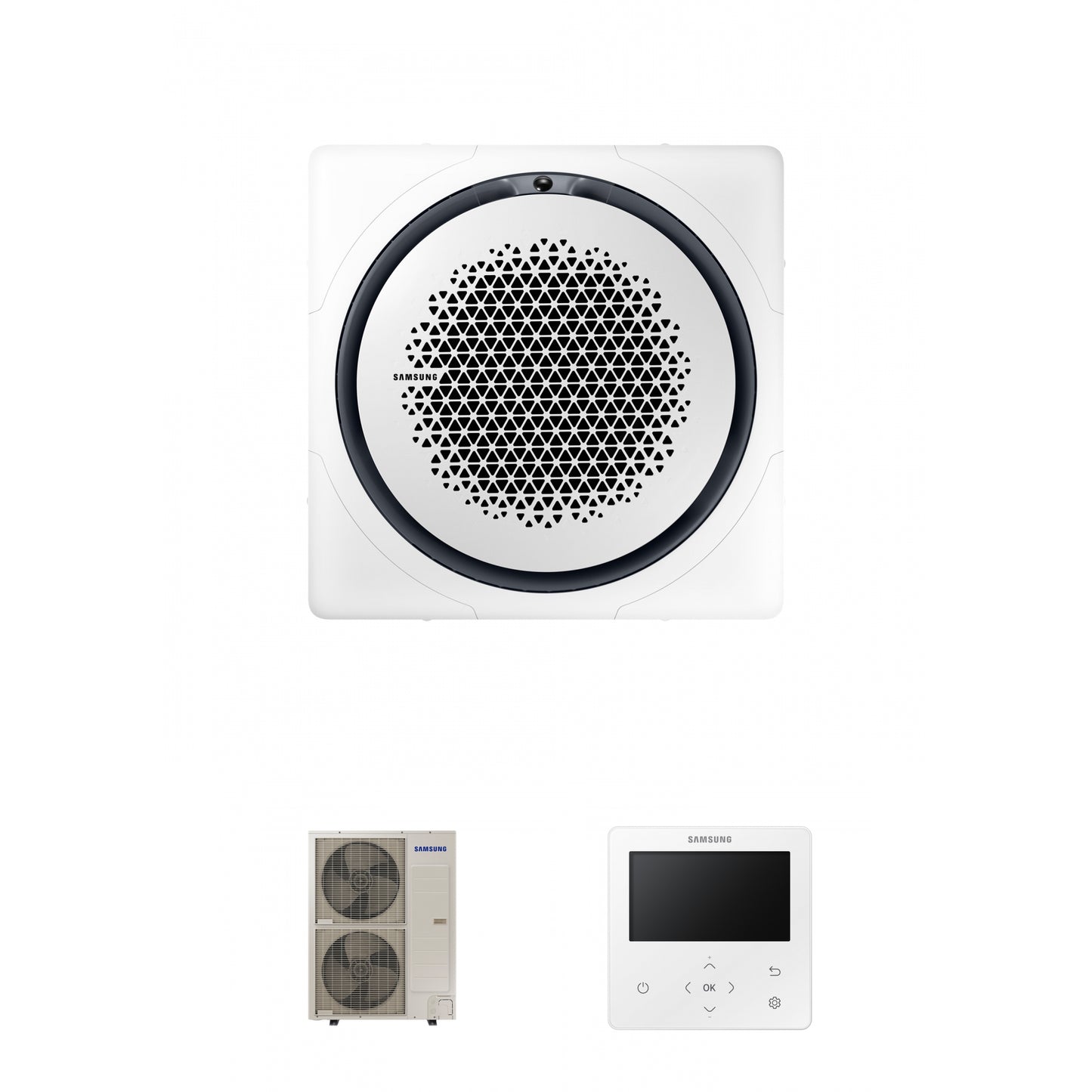 Samsung CAC 14kW 360 Cassette with white square fascia panel and colour premium wired controller