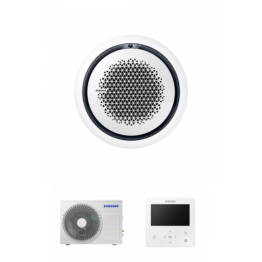Samsung CAC 14kW 360 Cassette with white circular fascia panel and colour premium wired controller