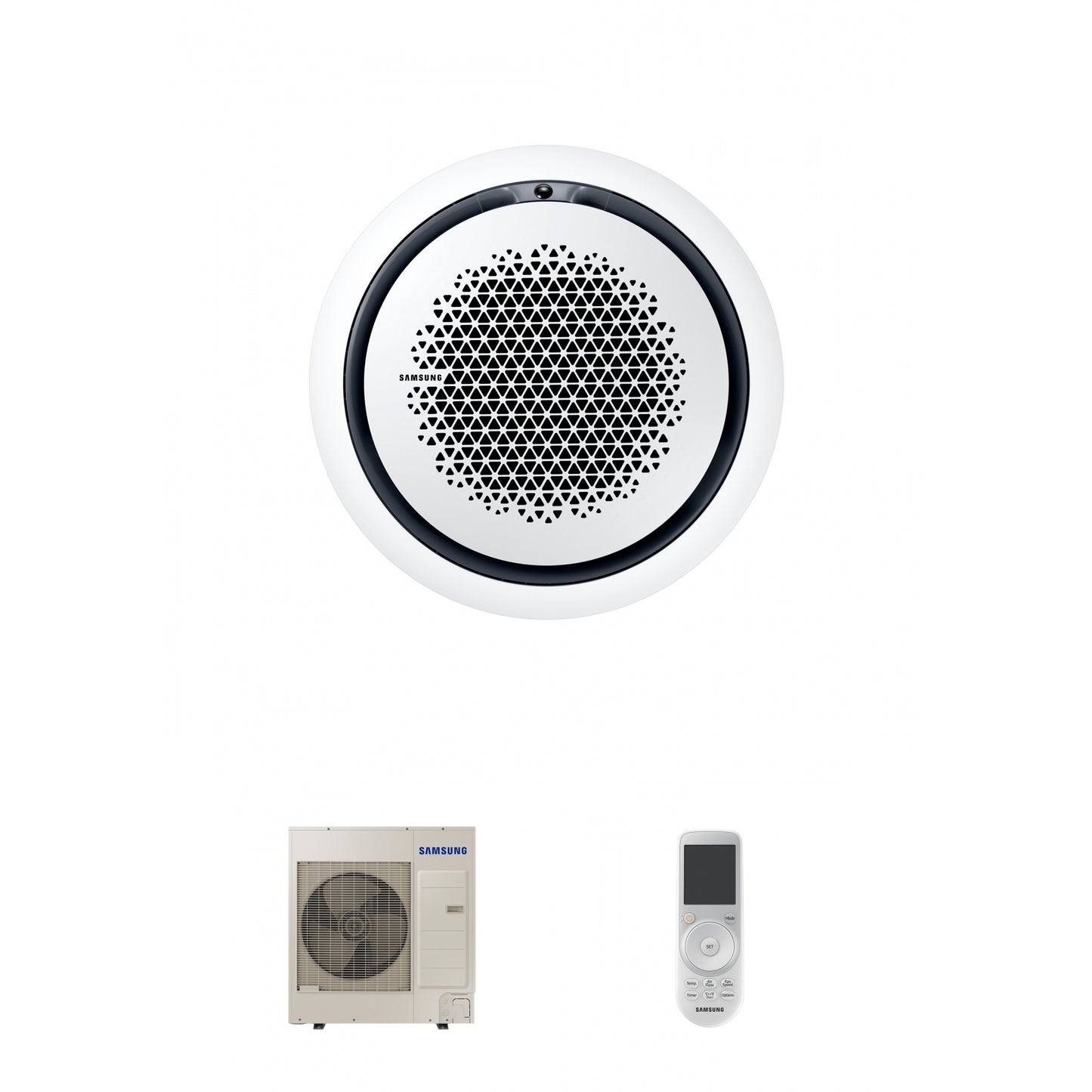 Samsung CAC 12kW 360 Cassette with white circular fascia panel and wireless controller