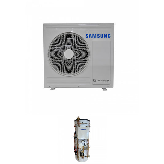 Samsung EHS 5.0kW Monoblock air source heat pump with 180L slimline Pre plumbed air source heat pump cylinder with 25L buffer