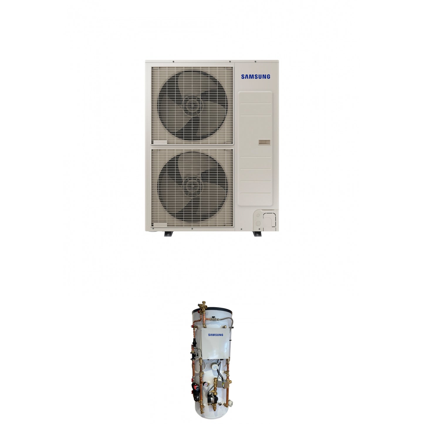 Samsung EHS 16.0kW Monoblock air source heat pump with 180L slimline Pre plumbed air source heat pump cylinder with 25L buffer