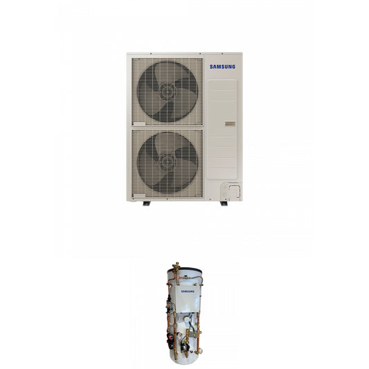 Samsung EHS 16.0kW Monoblock air source heat pump with 180L slimline Pre plumbed air source heat pump cylinder with 25L buffer
