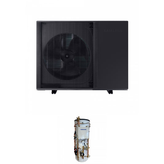 Samsung EHS 8.0kW Monoblock high temperature air source heat pump with 150L Pre plumbed air source heat pump cylinder with 50L buffer