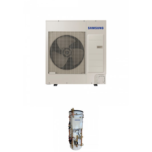 Samsung EHS 8.0kW Monoblock air source heat pump with 300L Pre plumbed air source heat pump cylinder with 50L buffer