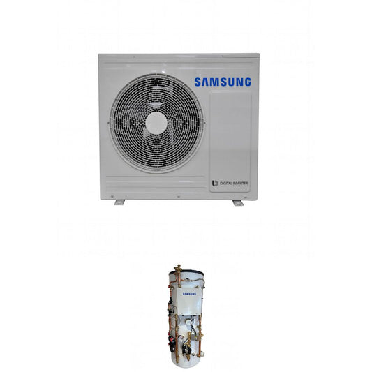 Samsung EHS 5.0kW Monoblock air source heat pump with 150L slimline Pre plumbed air source heat pump cylinder 25L buffer